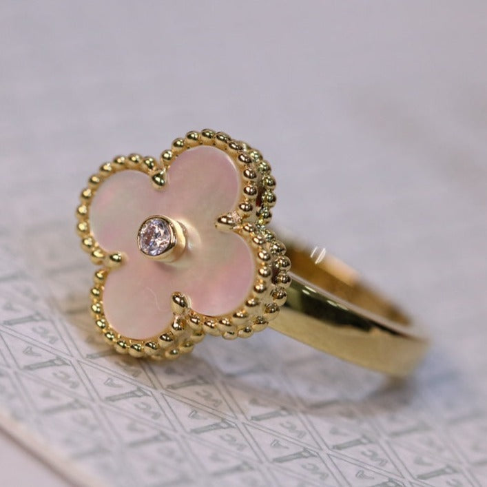 Gold Pink Mop Clover Ring w/ Diamond Cut