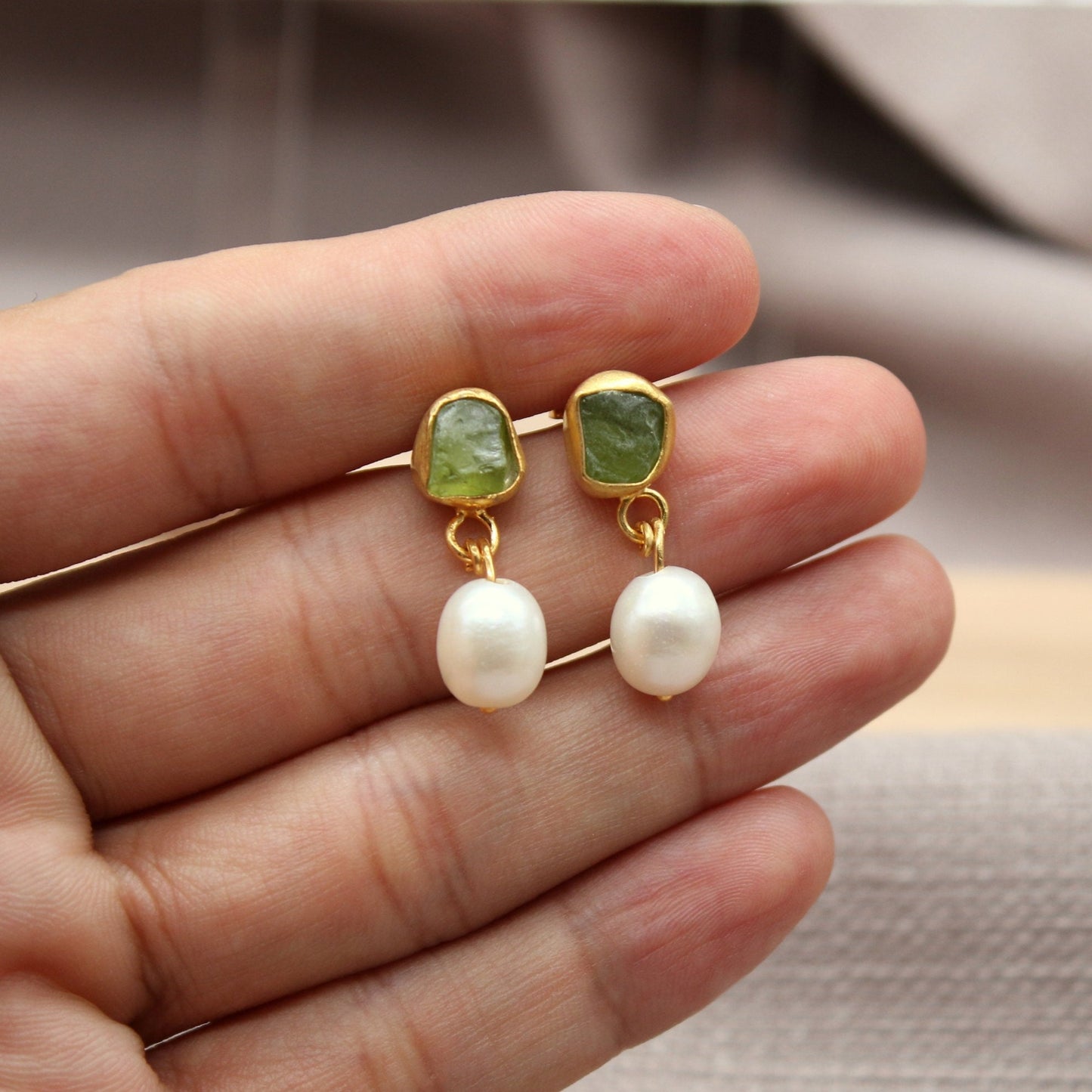 Pearl And Raw Green Apatite Stud Earrings