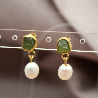 Pearl And Raw Green Apatite Stud Earrings