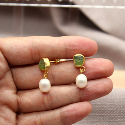 Pearl And Raw Green Apatite Stud Earrings