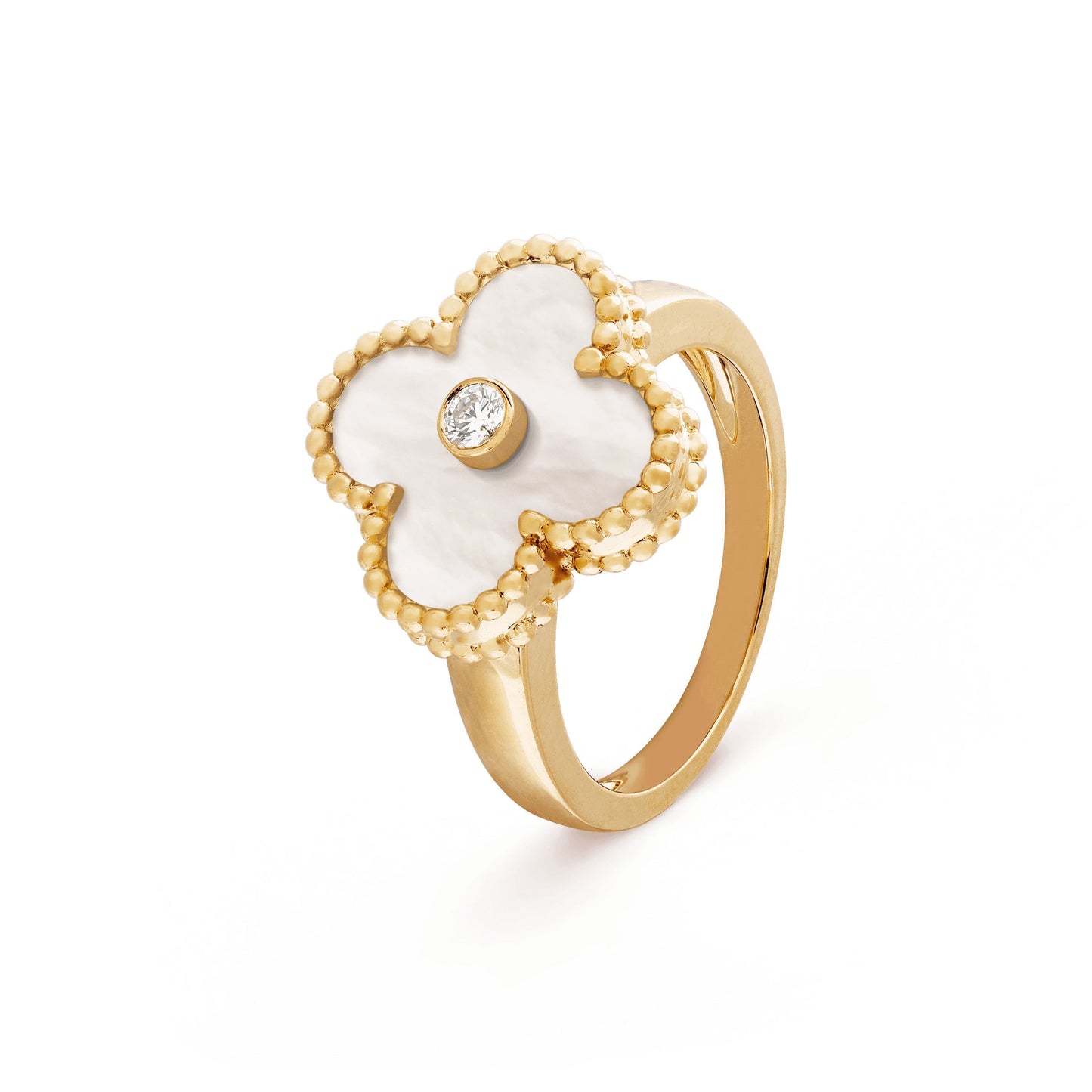 Gold Pink Mop Clover Ring w/ Diamond Cut